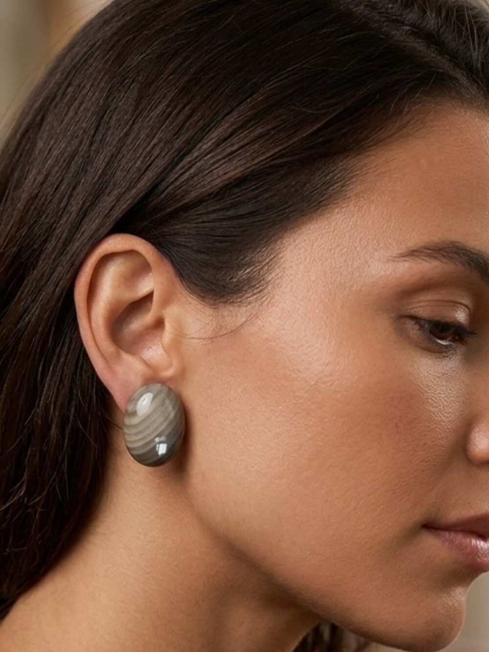 Striped Flint Stone Cabochon Pierced Earrings